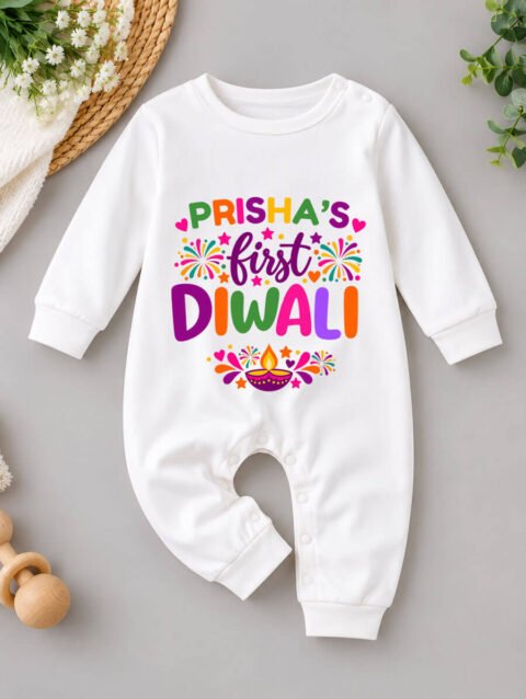 Cotton Personalized My First Diwali Jumpsuit for Baby Girl with Custom Name, Cute Diya Design