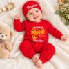 Personalized My First Diwali red baby jumpsuit with matching cap and custom baby name