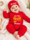 Personalized My First Diwali red baby jumpsuit with matching cap and custom baby name