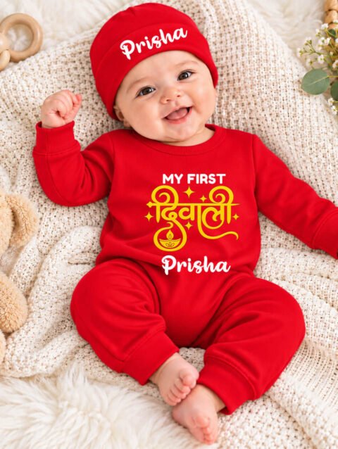 Personalized My First Diwali red baby jumpsuit with matching cap and custom baby name