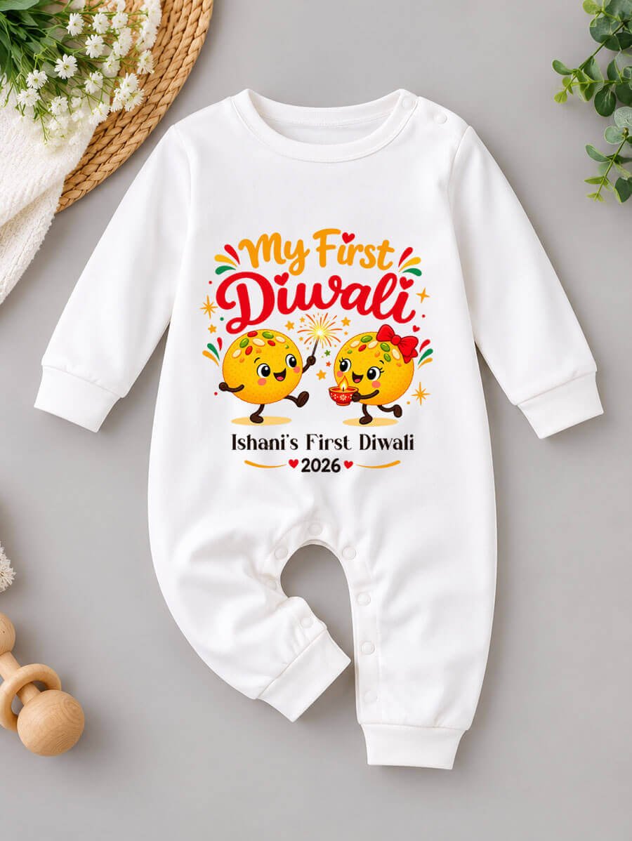 My First Diwali Baby Outfit, Personalized Name Jumpsuit with Cute Diwali Design