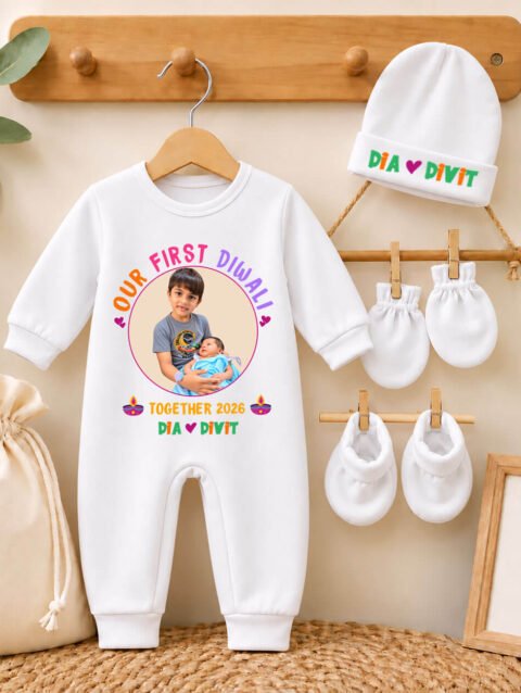Personalized Baby Diwali Gift Jumpsuit Set with Name Print, Custom Romper, Cap, Mittens & Booties
